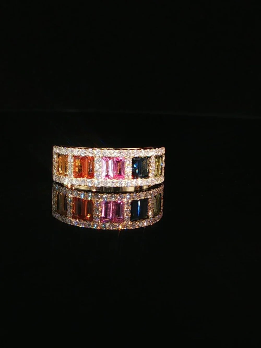 Rainbow Baguette Diamond Wide Band Cocktail Statement Ring| Lab grown diamond